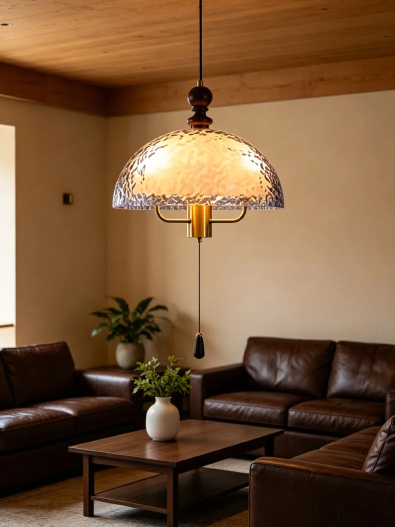Acrylic Lampshade Pendant Lights Three E27 Bulb Brown Wood
