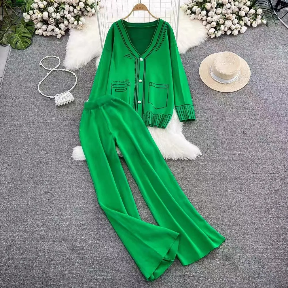 Women Chic Retro Two Sets lool sleeve v neck basics knit sweet High Waitst Wide leg pants Fashion Summer Sets