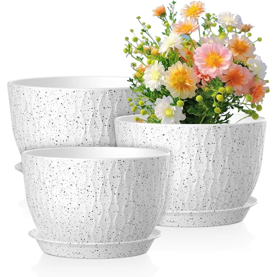 

12 10 9 inch Large Flower Pots 3 Set Big Plant Pots for Outdoor Indoor Plants with Water Ripples Wide Plastic Planters with Dra