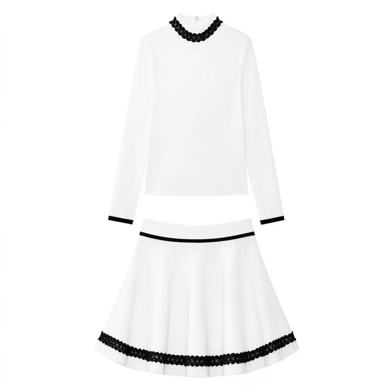 New Ladies Golf 2 Piece Set Knitted Long Sleeve Top Pleated Skirt Lace Edge High Neck Slimming Golf Apparel