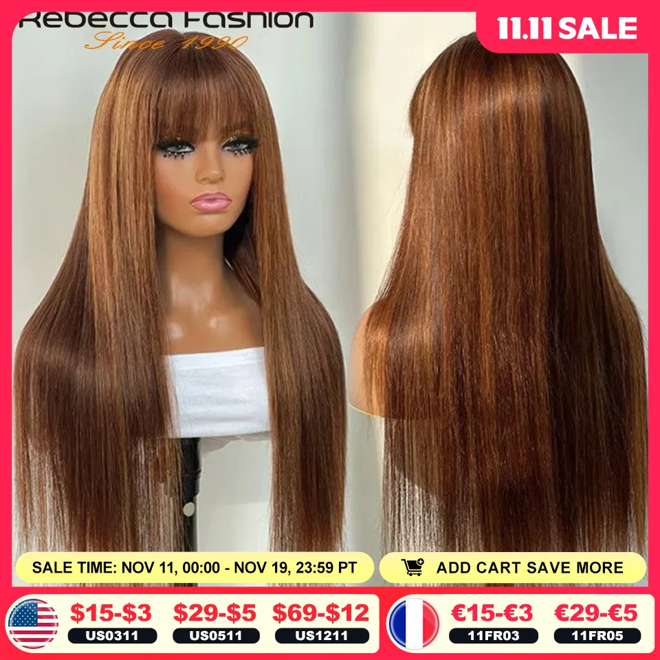 

Rebecca Highlight P4/30/27 Human Hair Wigs Straight With Bangs Fringe Brazilian Straight Human Hair Wigs Full Machine Made Wigs