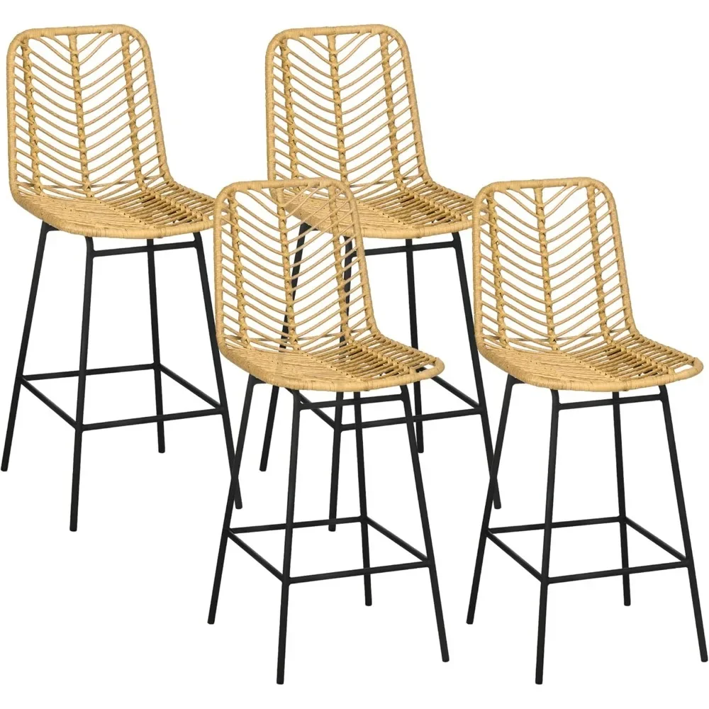 

Rattan Bar Stools Set of 4, 26" Counter Height Barstools, Boho Kitchen Island Stools with Breathable Wicker Seat and Back