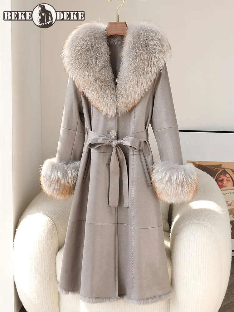 

Office Ladies Luxury Real Rabbit Fur Overcoat Raccoon Fur Collar Warm Lining Long Coat Single Breasted Belt Elegant Women Jacket