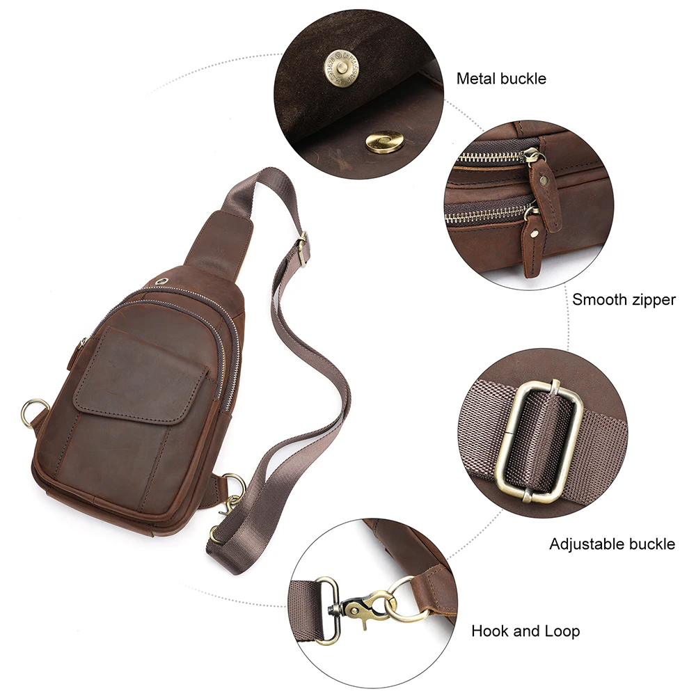 Bolso de pecho de cuero genuino para hombres, bolso de pecho de cuero aceitoso, bolso de pecho de cuero de Caballo Loco, multifuncional e informal de moda c