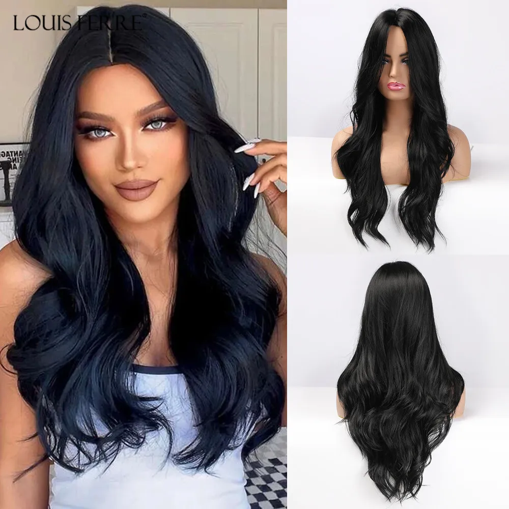 LOUIS FERRE Long Water Wave Black Wig for Women Natural Middle Part Synthetic Wigs Cosplay/Daily Use Heat Resistant Fiber Hair