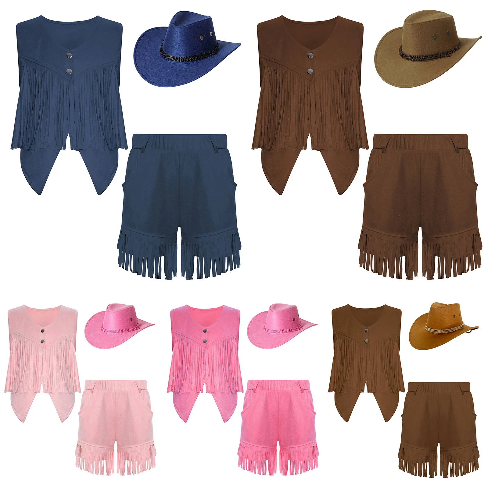 Kids Girls Boys 3Pieces Cowgirl Cowboy Costume Sleeveless Irregular Hem Press Buttons Faux Suede Fringe Vest+Shorts+Hat Set view 5