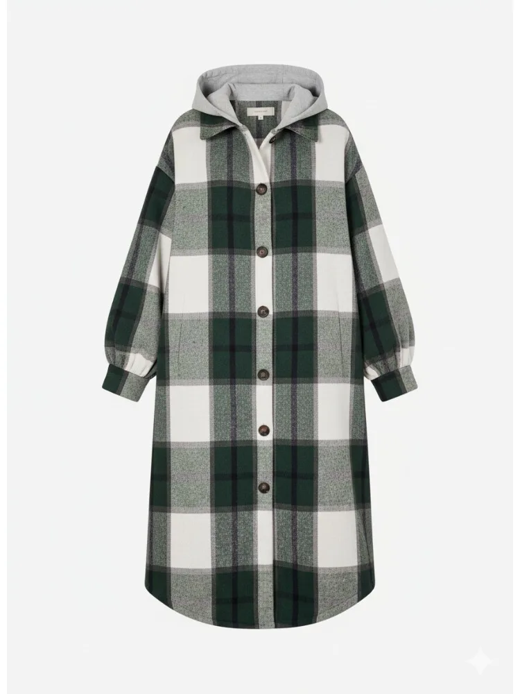 

Onecozyday Women's Long Plaid Hooded Coat 2025 Autumn Winter New Single-breasted Long Sleeves Trench Coats Casual Outerwears