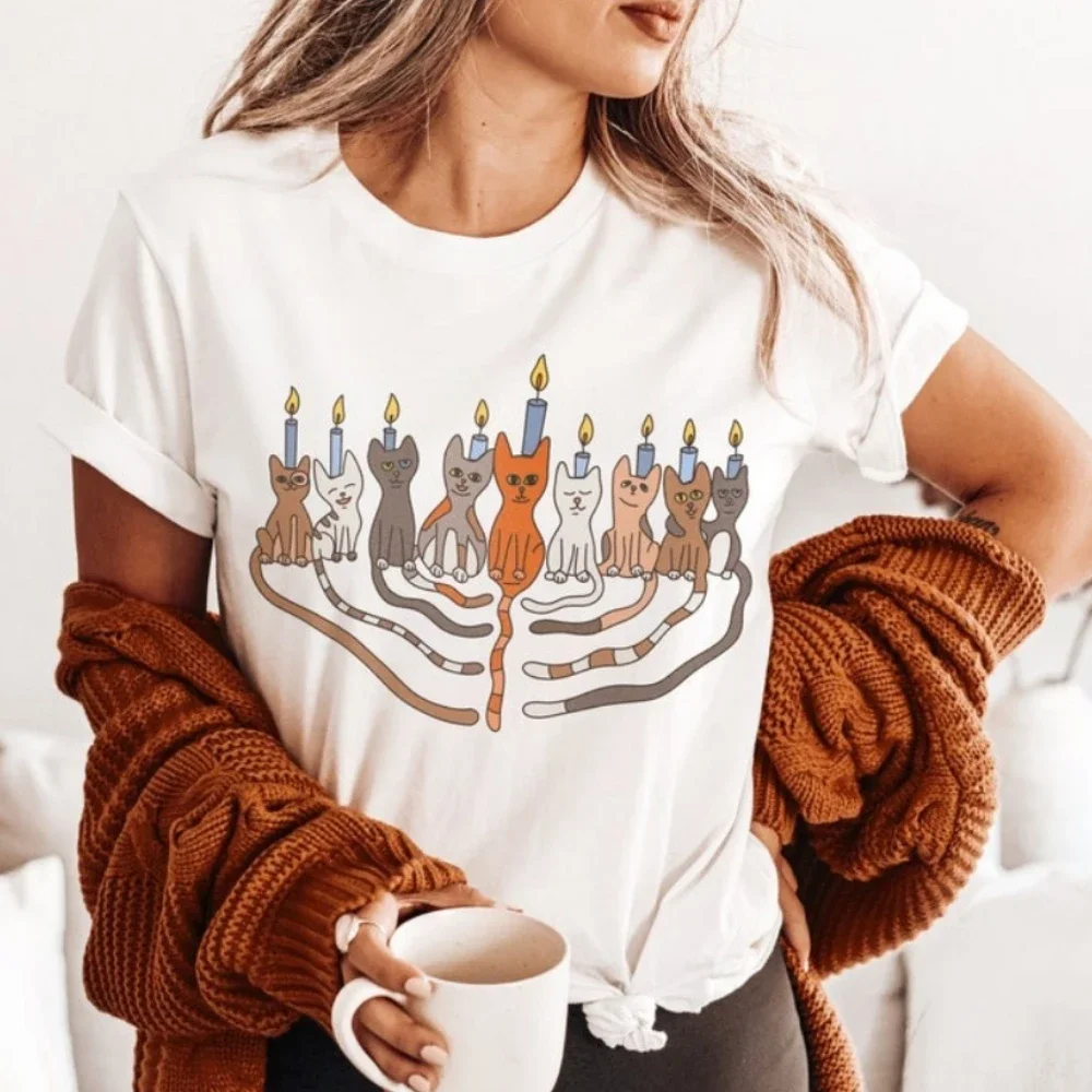 

Funny Cat Menorah Hanukkah Menorah Shirt Chanukah Streetwear Jewish Hanukkah Gift Tops Men Women Fashion Crewneck Cotton Tee