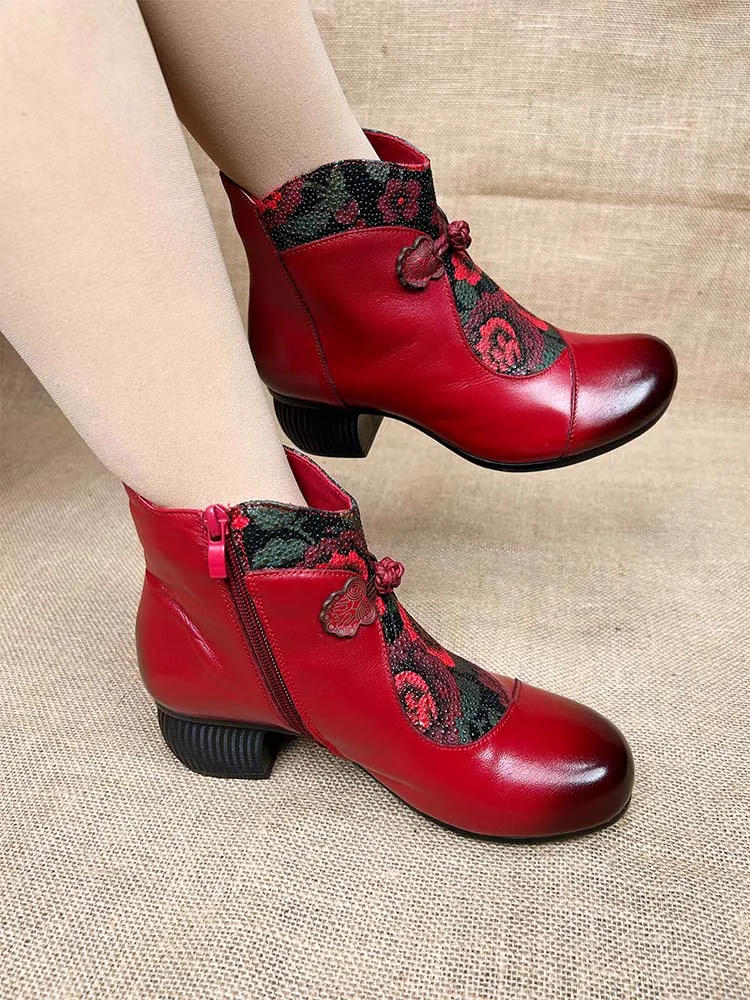 

Retro ort Boots Autumn Winter Genuine Leather Fce Lined Thi Heel Anti-Slip Ethnic Sle Women's Boots Medium Heel Mom ...