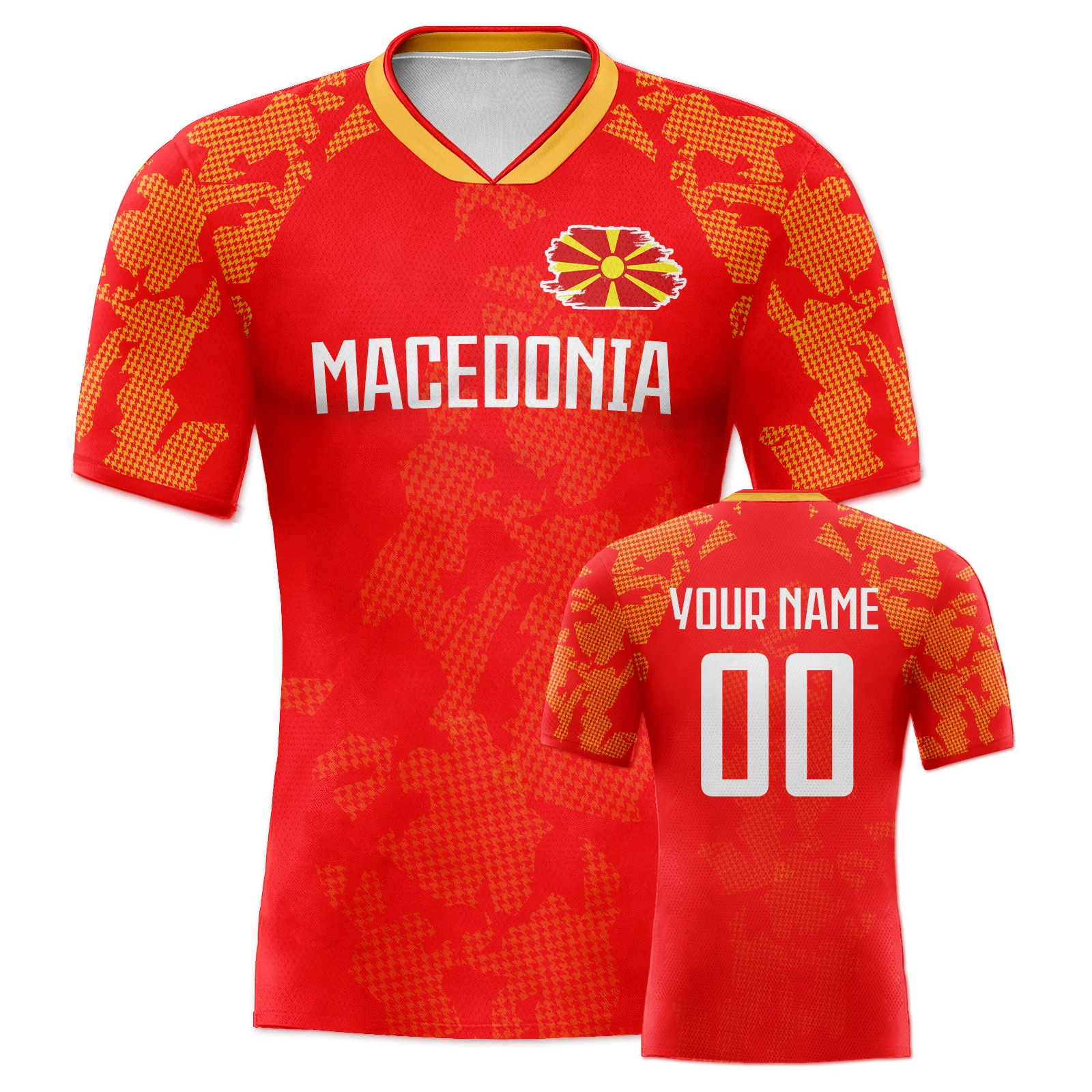 Camiseta de Fútbol Personalizada de Macedonia con Nombre y Número, Diseño de Bandera con Cuello en V para Hombres, Jóvenes y Mujeres