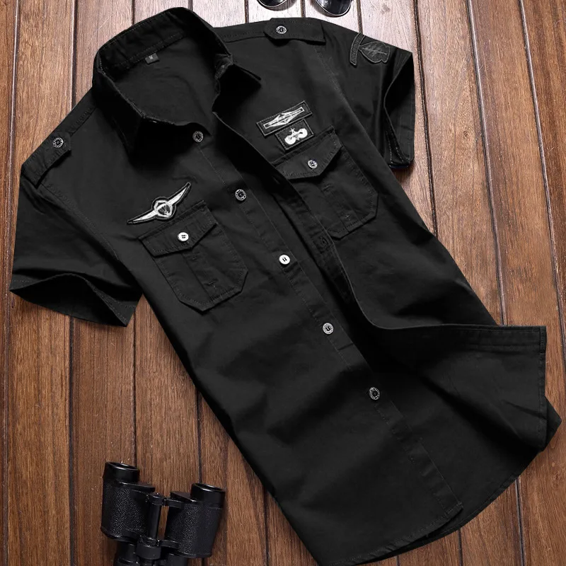 Military Shirt Men\'s Shirts Casual Style Fashion Clothing Cotton Short Sleeve Retro Vintage 6XL Embroidery Black Drop Shipping