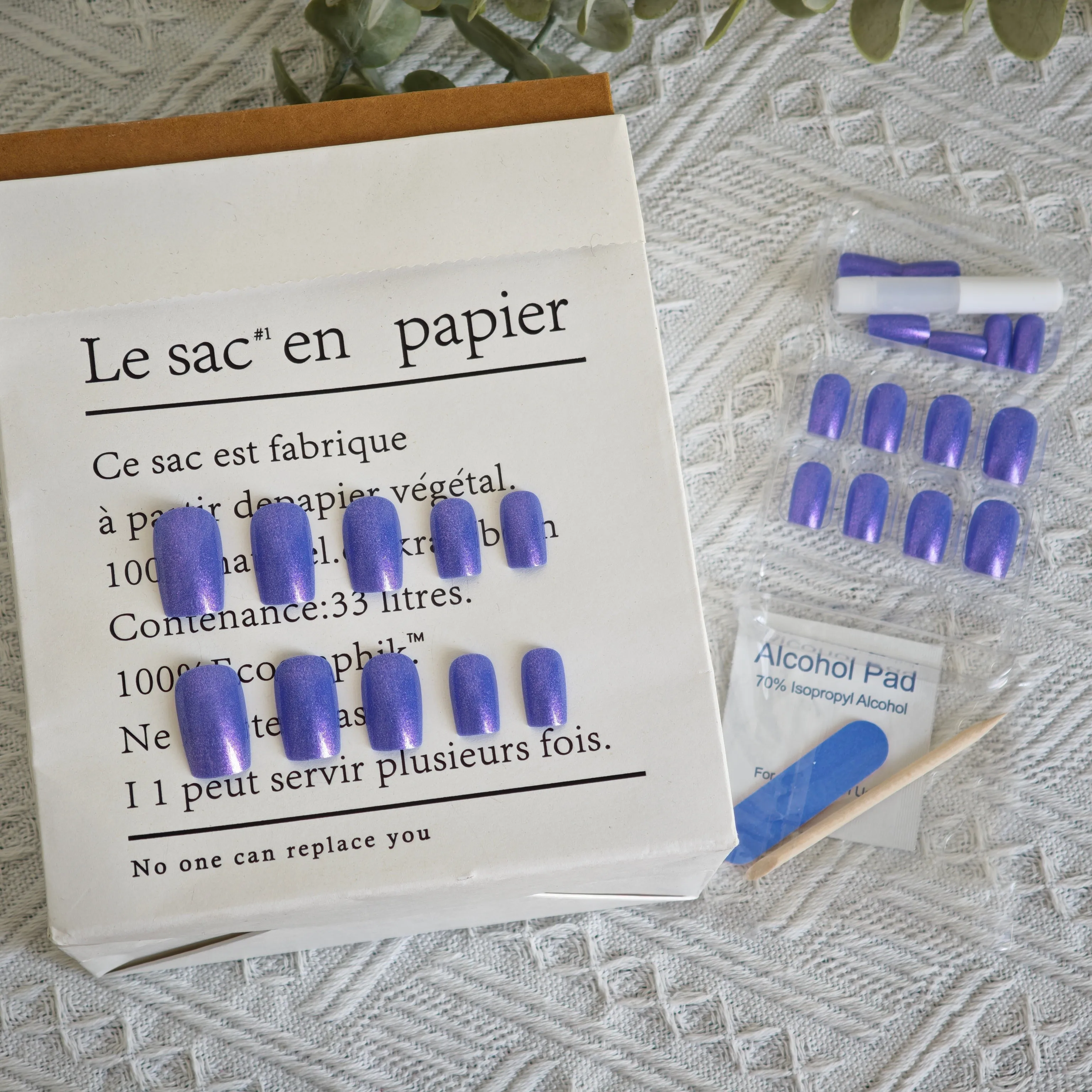 24Pcs Long Press on Nails - Ice Aurora Violet with European Square Embossed Design Cool-Tone Icy Glitter Fake Nail Set for Women