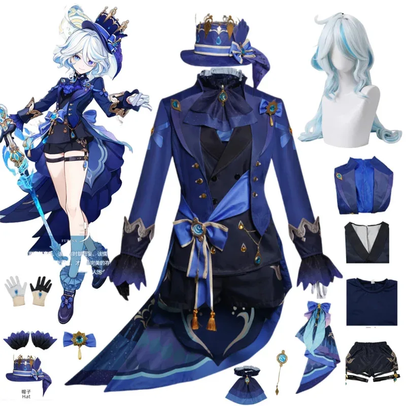 

Furina Cosplay Costume Wig Hair Fontaine Focalors with Hat Black Suits Cosplay for Women Outfits