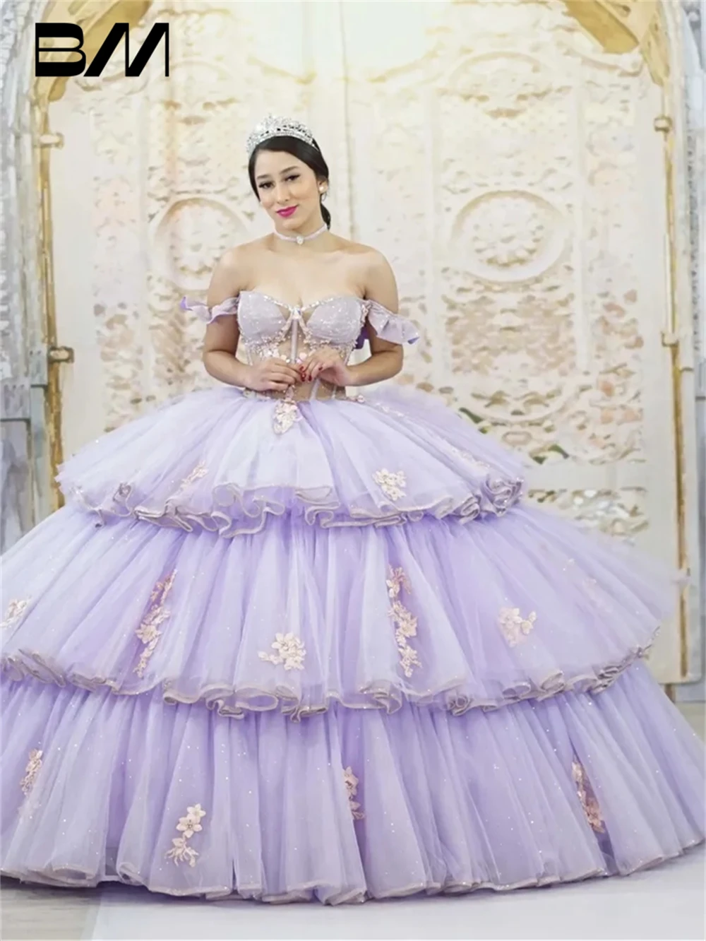 Gaun koktail 2024 gaun quiceanera bahu terbuka Vestidos De Baile gaun pesta berjenjang gaun Prom Tulle