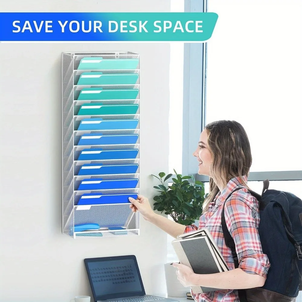 12 Tier Mesh Metal Wall Mounted File Organizer, Magazine File Paper Holder, Office and Home Wall Mounted File Organizer