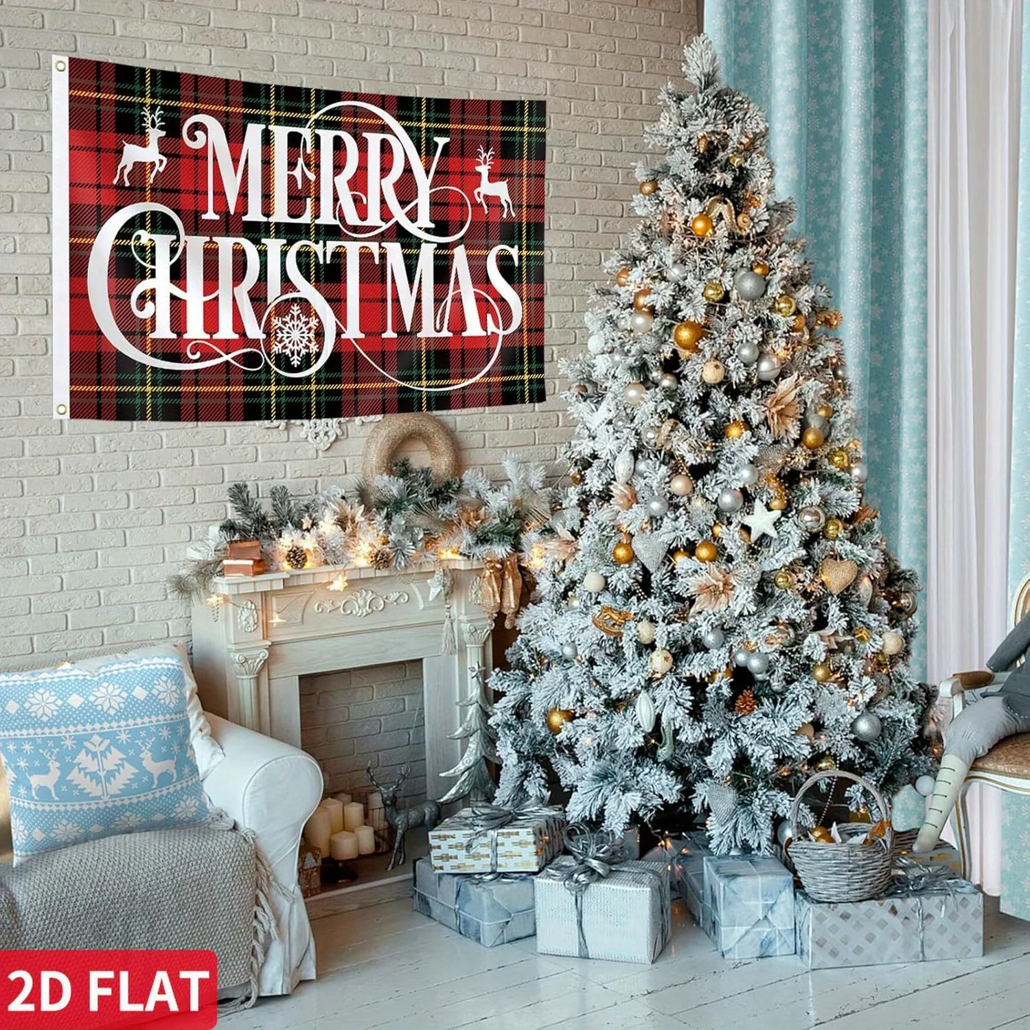 1pc 2D FLAT Red plaid Christmas Tapestry, 3x5 Ft(90x150cm) Polyester Banner, Happy New Year Holiday Winter Decoration