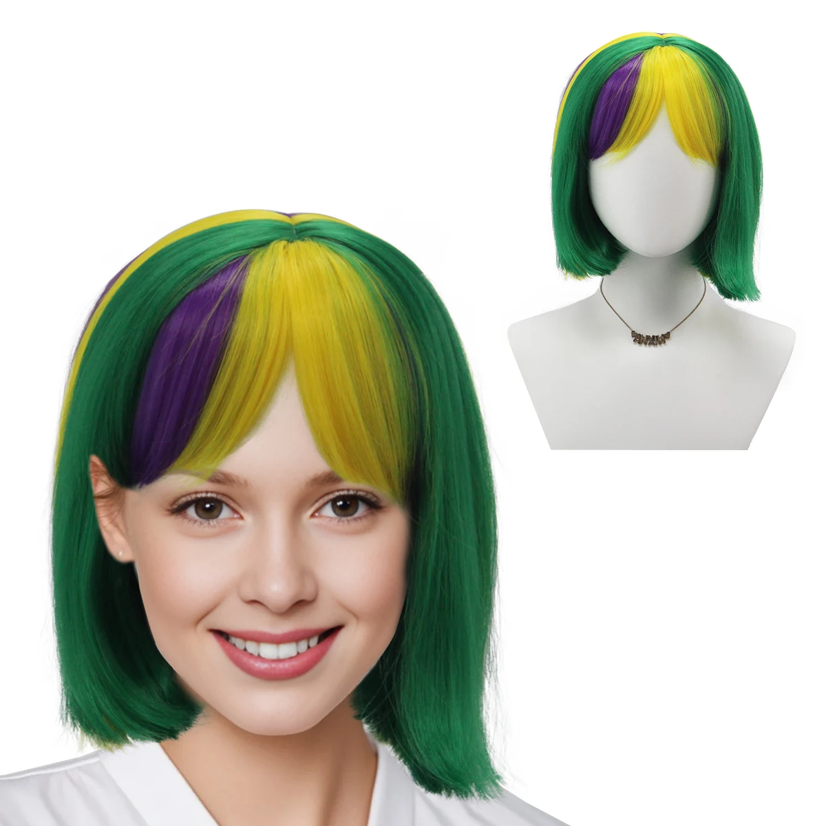 Anxin Brand Synthetic Fiber Wig: Yellow-Green-Purple Color-Blocked Bangs Bob Short Hairstyle, Smooth and Shiny Hair Strands, Eye-Catching Color-Blocking Design; Made of High-Quality Synthetic Fiber Material, Comfortable to Wear and Easy to Manage; Suitable for Adult Women's Cosplay Character Recreation, Eye-Catching Party Outfits, and Trendy Daily Fashion Styling
