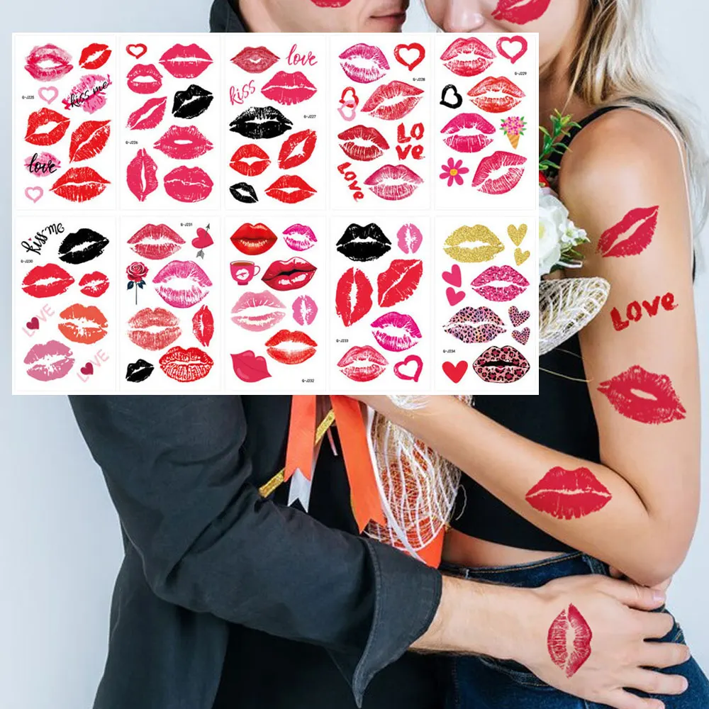 10pcs Red Lips Fake Tattoo Stickers for Women Men Heart Sexy Temporary Tattoos for Valentine Hand Face Neck Body Decoration