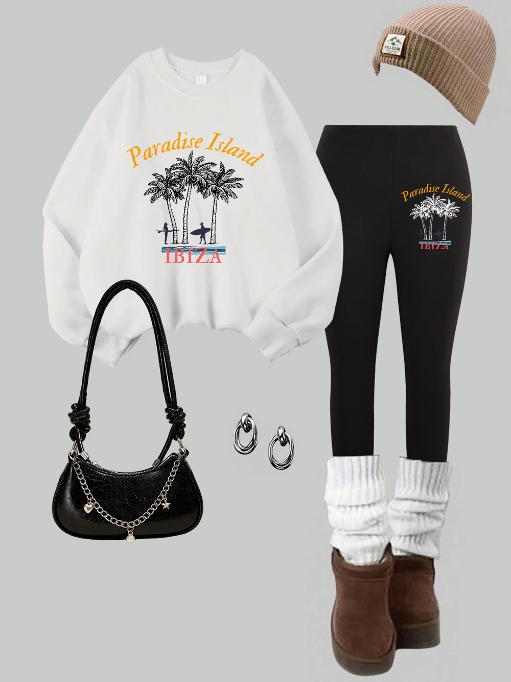 

Женские толстовки с принтом Paradise Island Ibiza, комплект леггинсов, уличные теплые флисовые штаны с капюшоном, зимняя женская одежда
