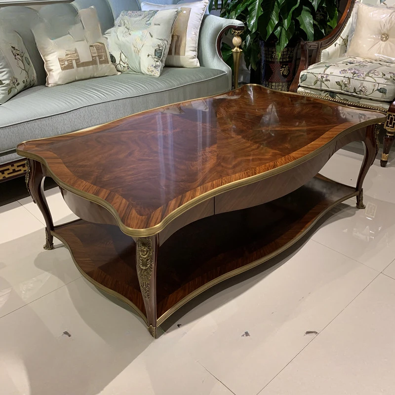 NEW European furniture coffee table English mahogany rectangular couple villa mansion inlaid copper living room tea table TA