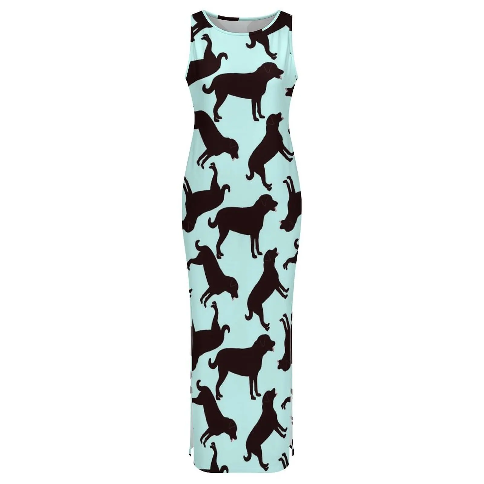 블랙 랩 개 프린트 드레스 민소매 실루엣 클럽 파티 맥시 드레스 여름 스트리트웨어 디자인 Bodycon Dress Large Size