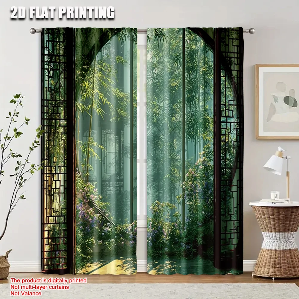2pcs 2D flat printing Drapes Asian Garden Bamboo Durable 100% Polyester Fabric,Without Electricity Festive Holiday Perfect