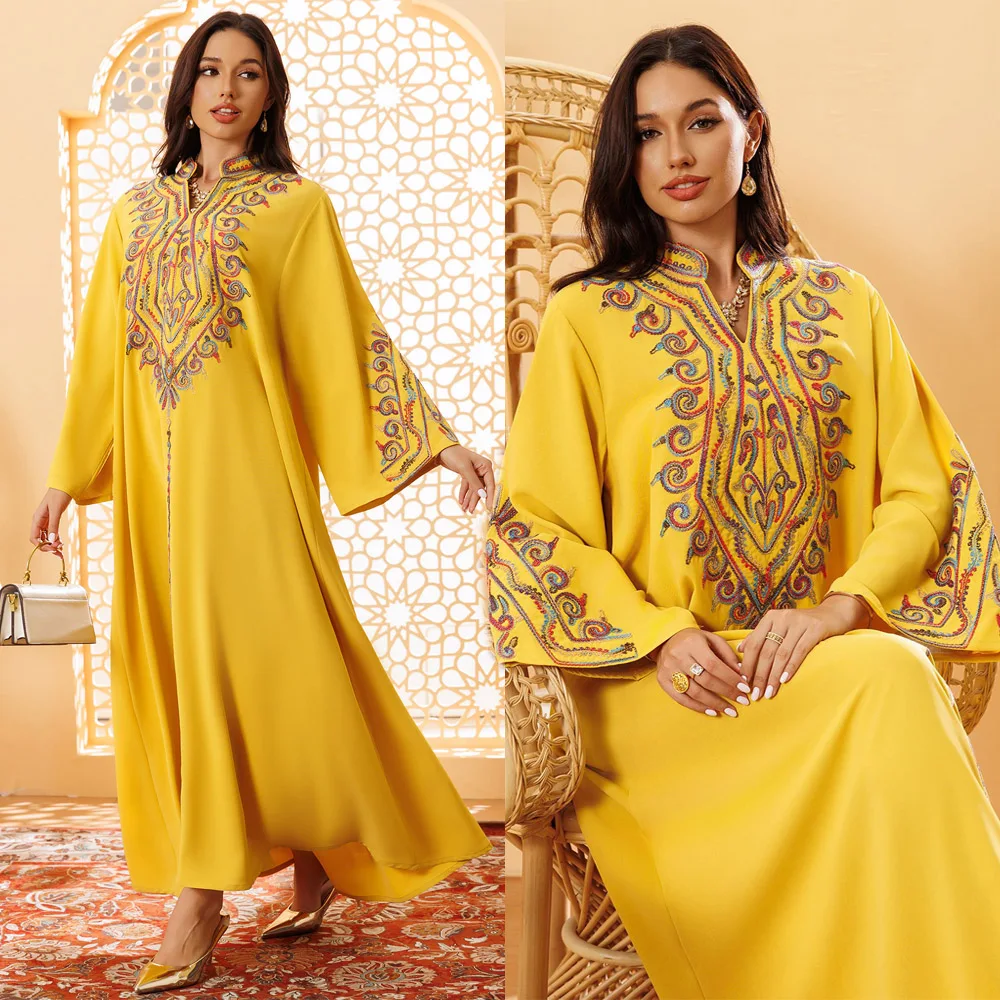 

Muslim Ladies Abaya Colorful Floral Embroidery Dress Loose Robe Stand V-neck Clothing Ethnic Jalabiya Women Islamic Kaftan Gown