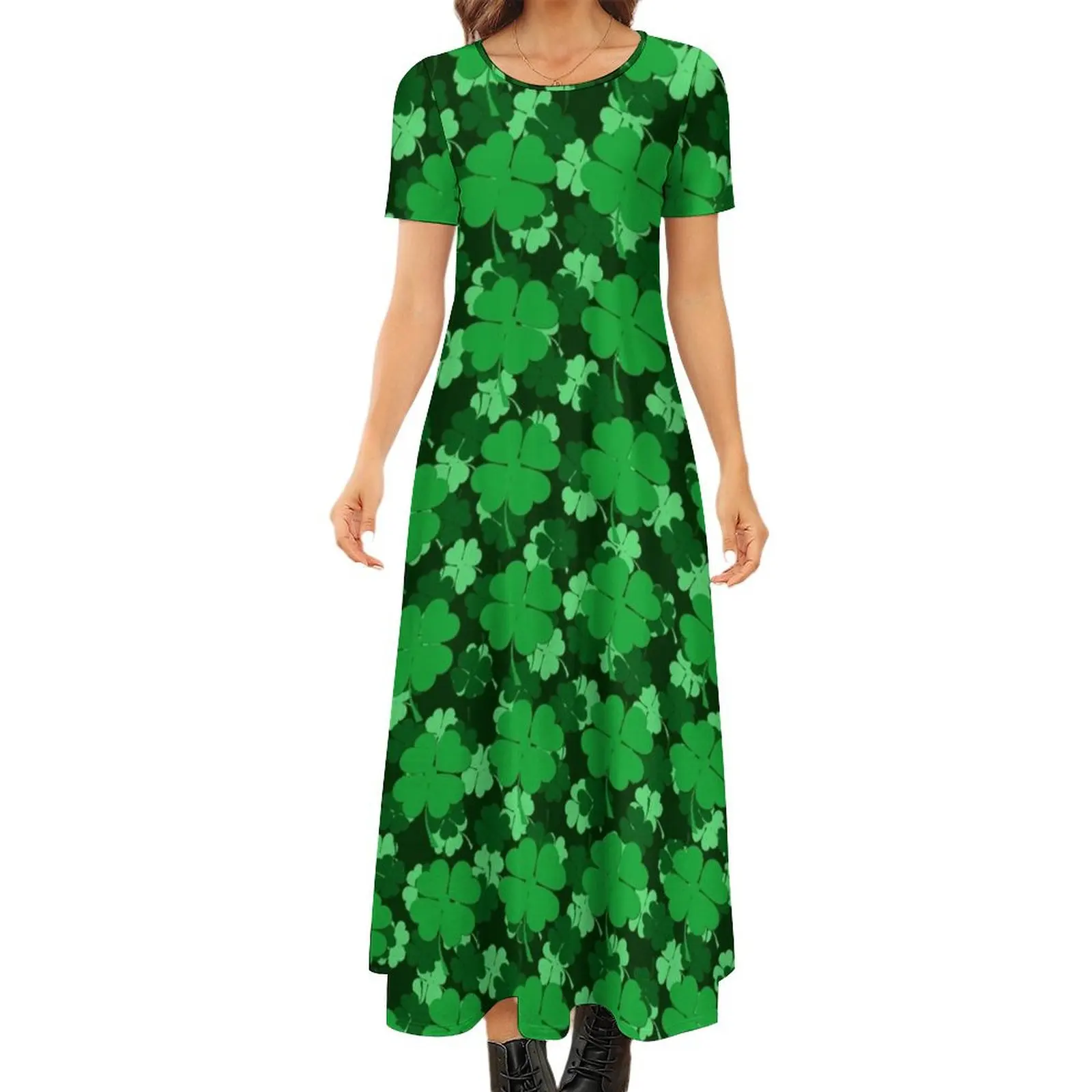 

Shades of Green Shamrocks Round Neck Short Sleeve Dress loose women"s dress dress women elegant luxury