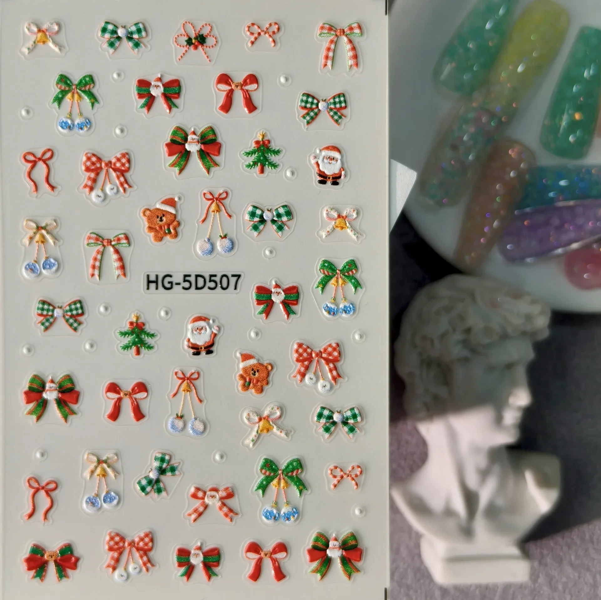 1 Set 5D Embossed Santa Nail Stickers Xmas Bowknot Self Adhesive DIY Holiday Manicure Nail Art Decor