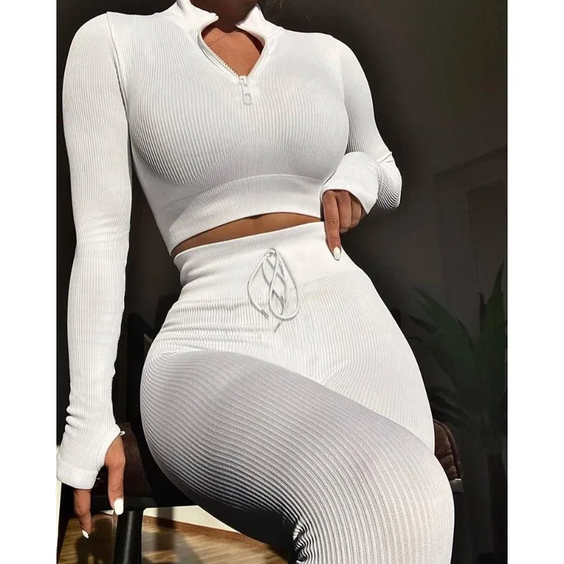 

Spring Summer Sexy Solid Color Slim Stretch Suit Women's Long Sleeve Zipper Pullover Top Drawstring High Waist Pencil Pants Suit