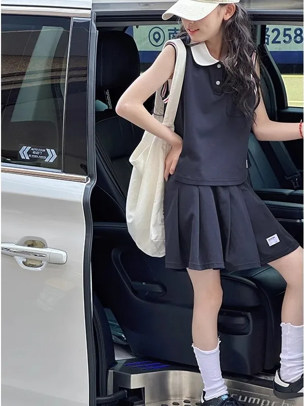 

Школьный спортивный комплект для девочек, летний новый модный комплект из двух предметов Dr, повседневная юбка для отдыха, жилет для детей