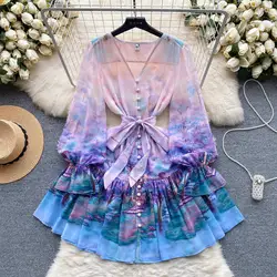 2024 Spring Summer Gorgeous Flower Chiffon Dress Women's V-Neck Flare Sleeve Floral Print Lace Up Belt Loose Mini Vestidos 6357