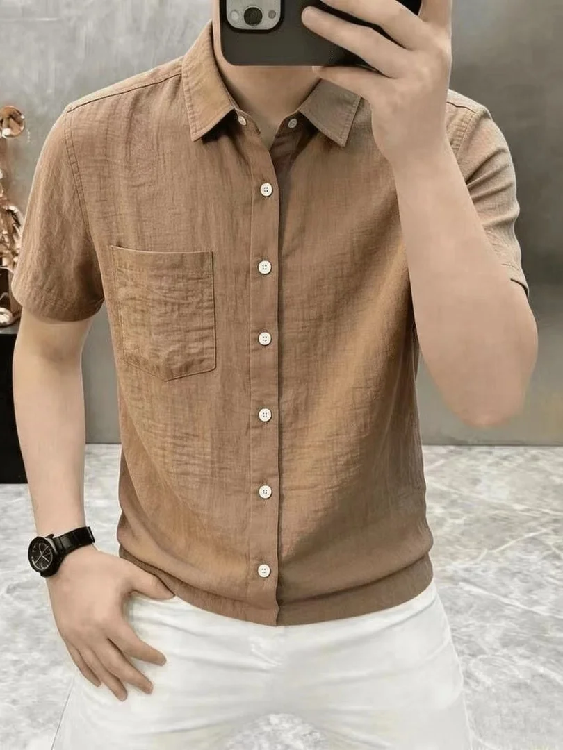 High-End Casual Slim Fit Men's Short Sleeve Shirt Breathable Cool Feeling Polyester Polyester Fiber Non-Iron Easy Care Summer...
