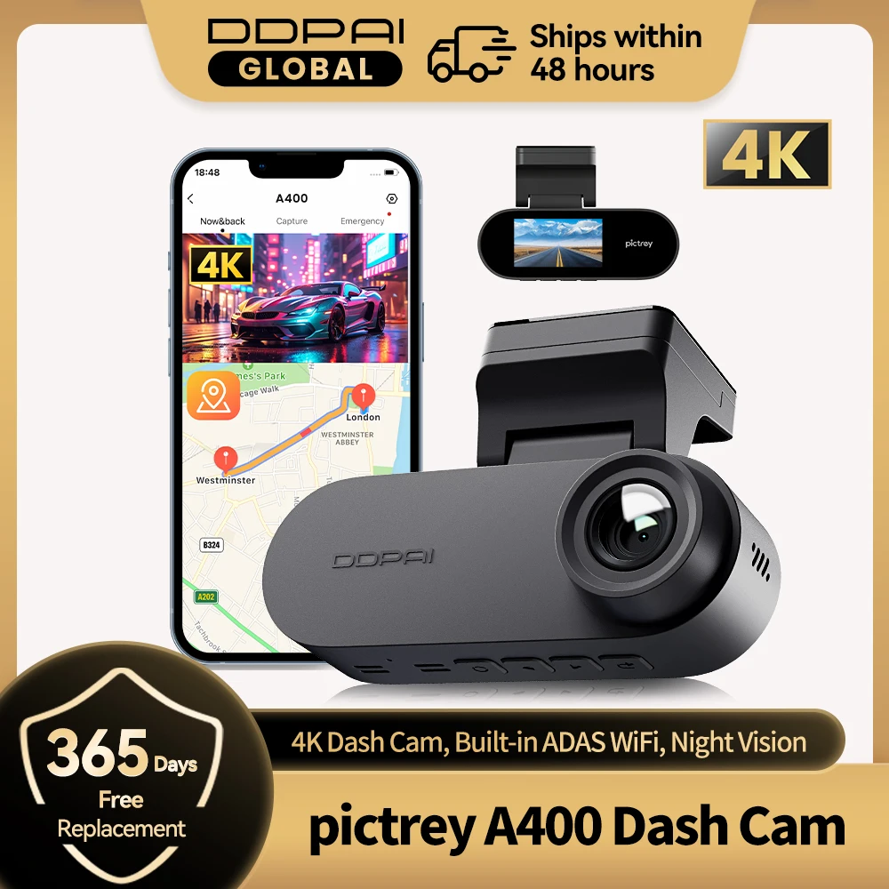 Pictrey A400 4K Dash Cam Built-in ADAS Wi-Fi Dash Car Camera with 1.9'' IPS Screen Support Parking Monito Night Vision Car DVR