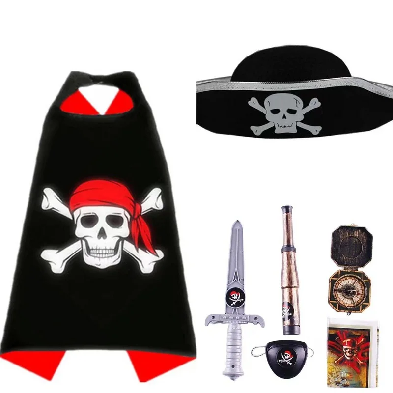 Boy Girl Party Clothes Skull Pirate Cape Kids Cosplay Costume Children's Pirate Cloak Hat Toy Set Halloween Birthday Party Gifts