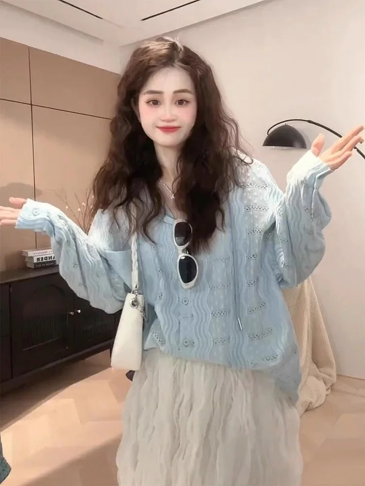 

Blue Lacework Hollow out Hooded irt Women's Long Sve Sun Protection Open Cardigan Lazy Sle Spring Summer Exclusive