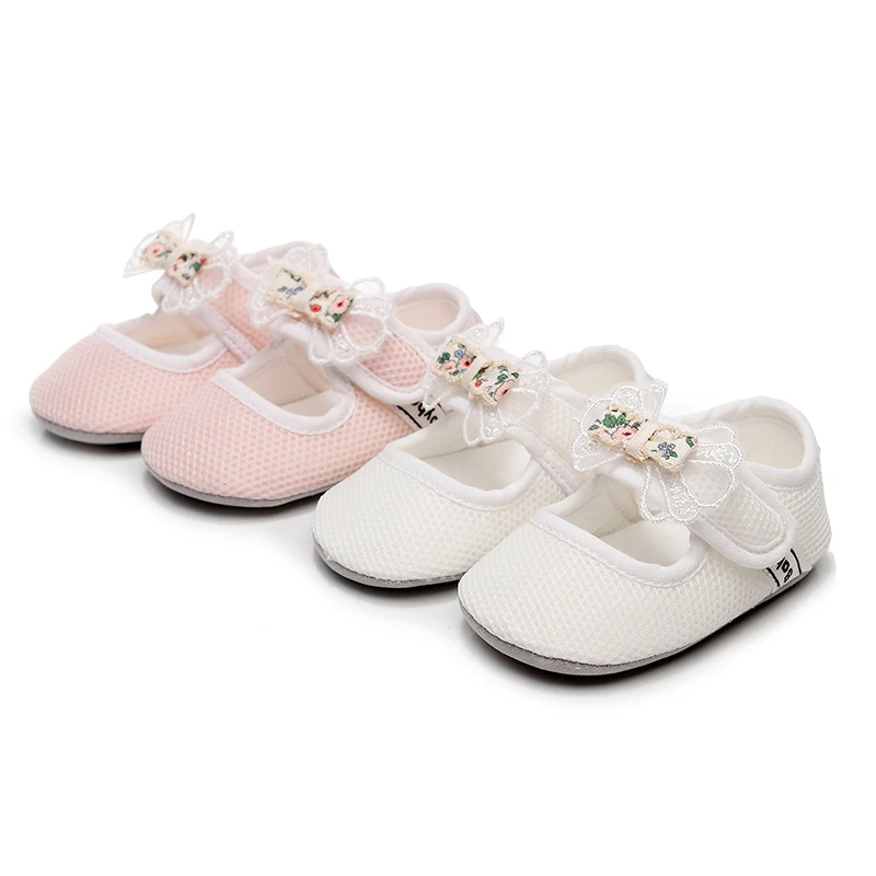 0–18 Monate Baby-Mädchen, Mary Jane-Flats, niedliche Blumenschleife, Prinzessinnen-Kleiderschuhe, rutschfeste Mesh-Kinderbettschuhe