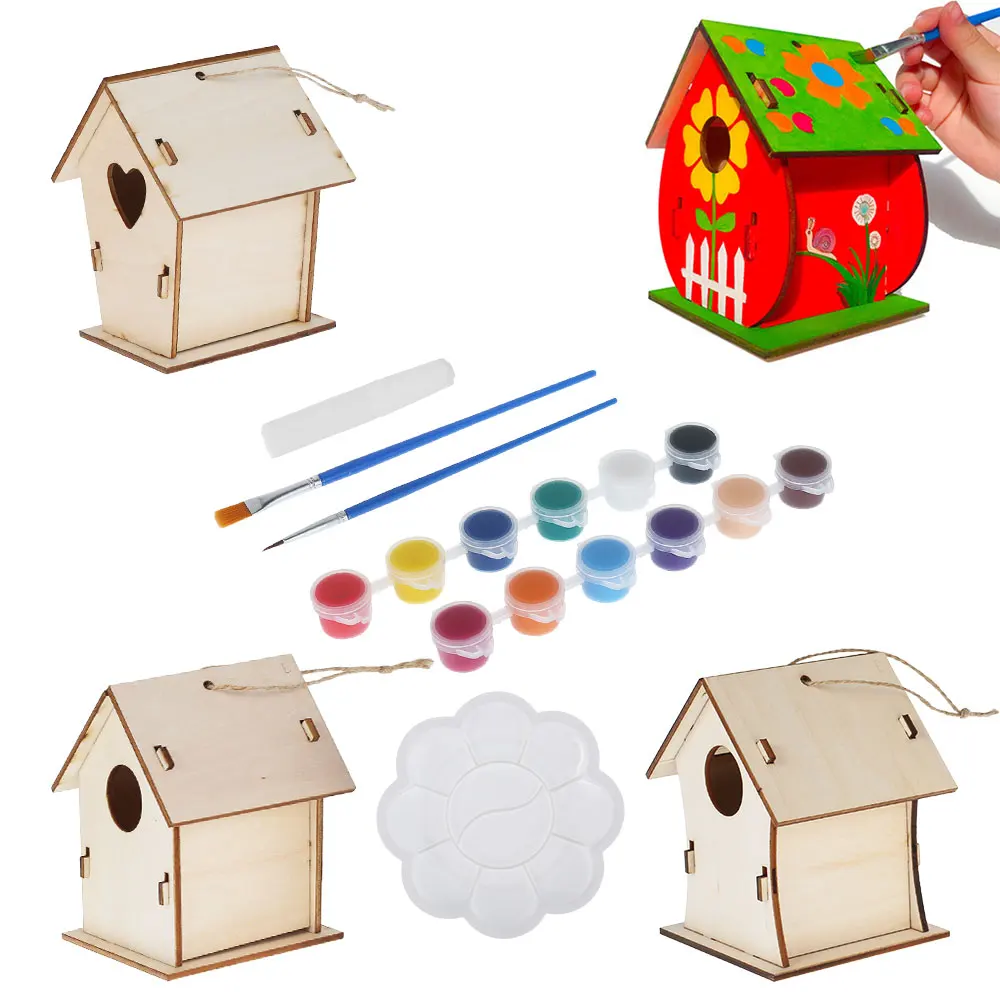 Casa de nido de pájaro DIY de madera para niños, manualidades, pintura, caja de casita de pájaros colgante para exteriores, jaulas de colibrí, decoración de jardín y patio