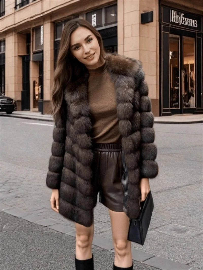 2025年ファッションイミテーションミンクファーコートレディースロングフェイクファーオーバーコート冬大きいサイズダークブラウン厚手フード付きゆったりアウター