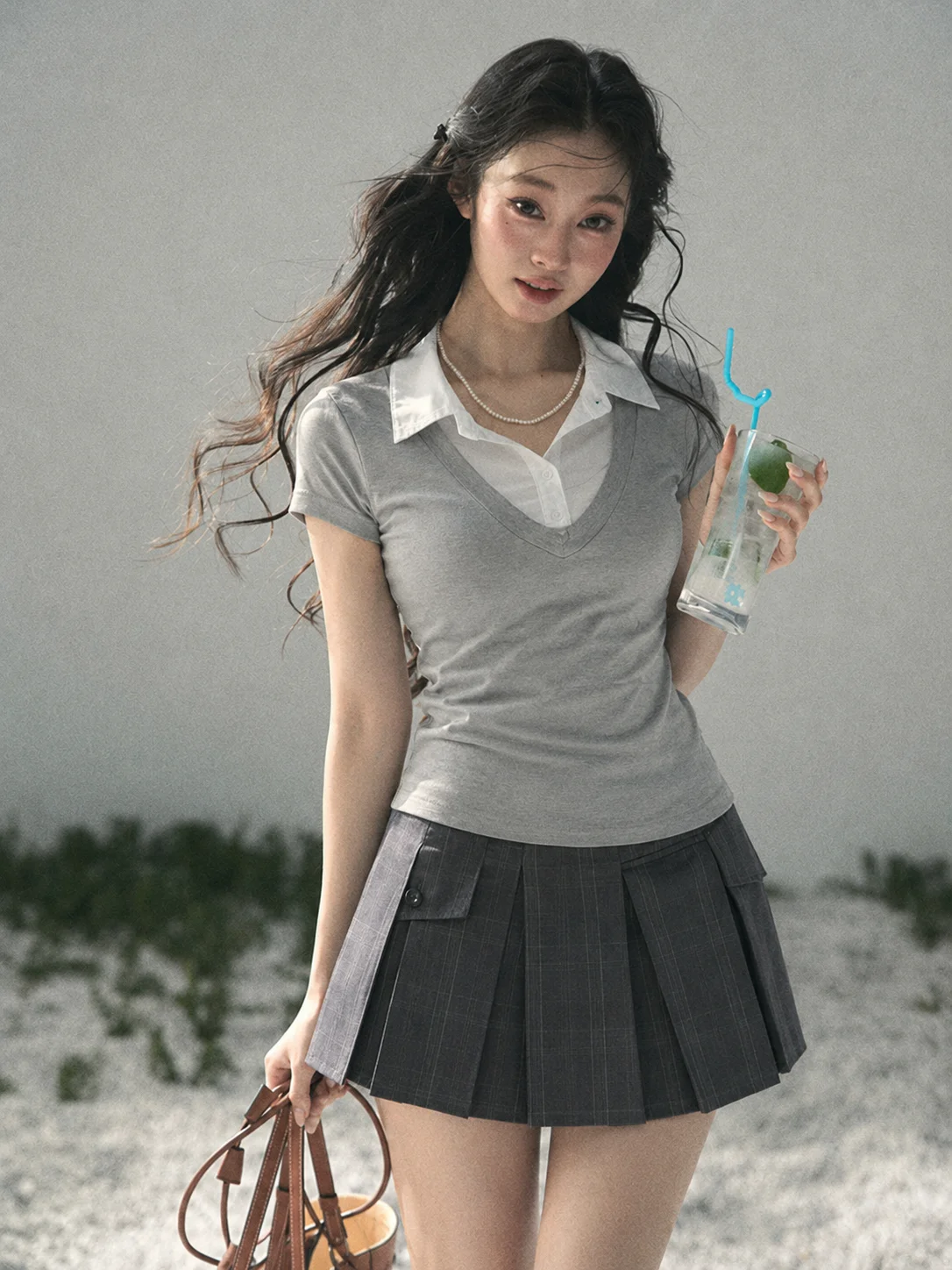 Retro Plaid Korean College Matching Set Women Short Sleeve Blouse High Waist Pleated Skirt Harajuku Autumn Daily 2 Piece Outfits