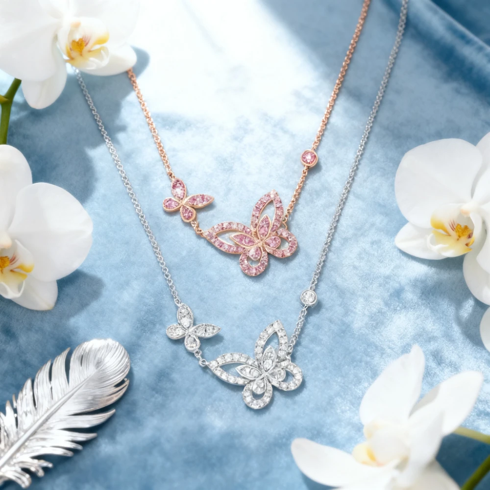 

2025 Trendy Jewelry Exquisite Shining New Butterfly Double Pink Necklace Fashion Versatile Party Mother's Day Gift Jewelry