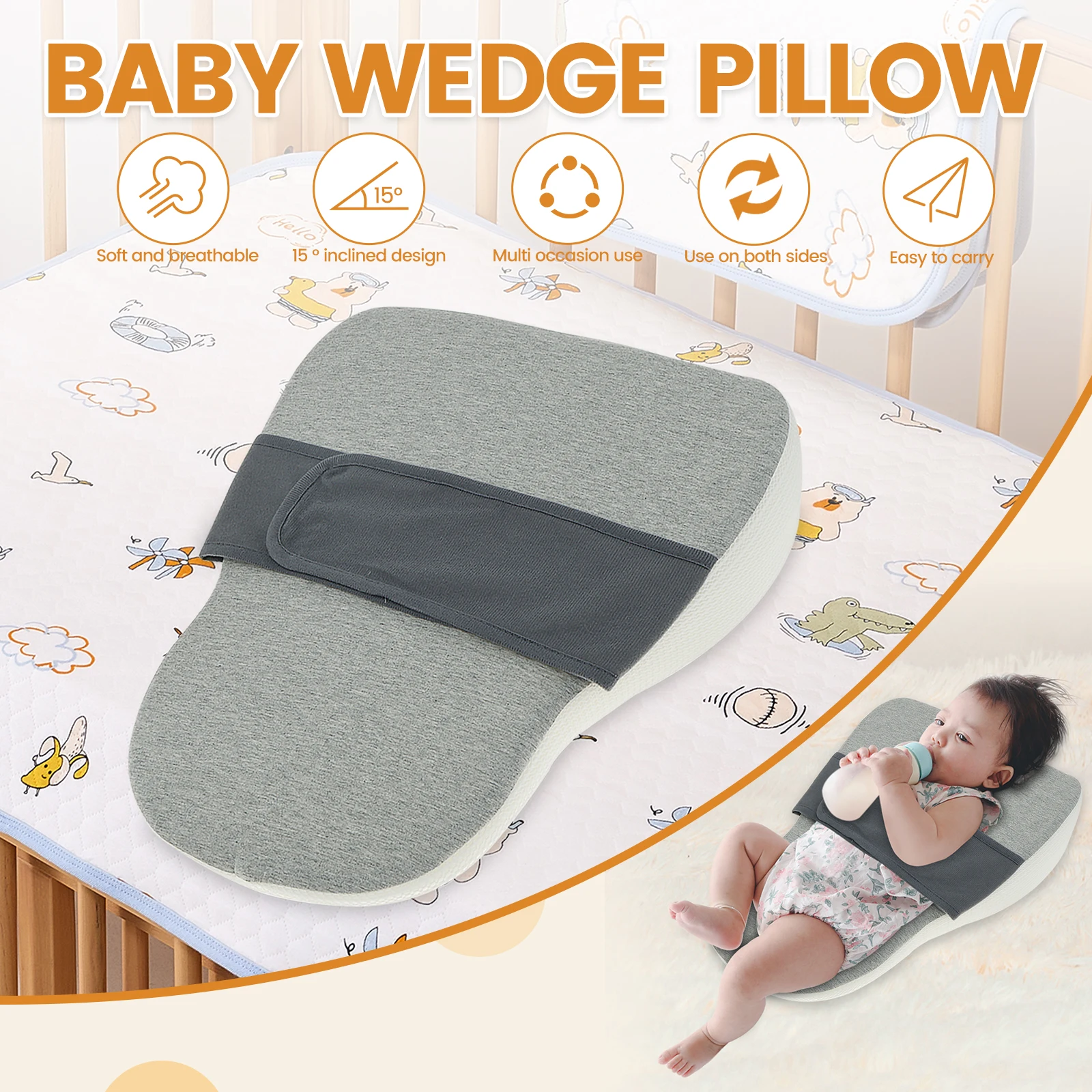 Baby Anti Reflux Pillow 15° Incline Newborn Feeding Pillow Anti Roll Breathable Reflux Wedge Breastfeeding Anti Spit Milk Pillow