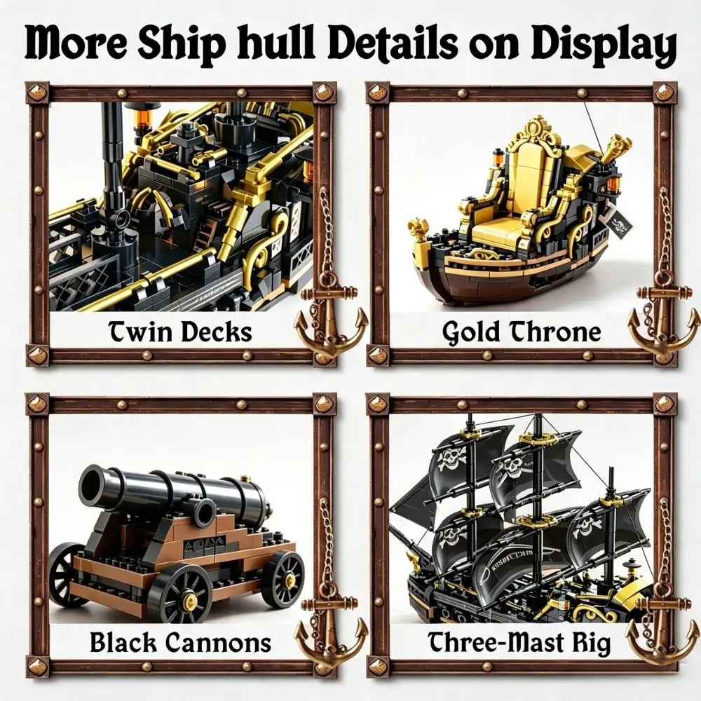 KAVOWORLD 801pcs 1799 Classic Black Sail Pirate Ship Toys Building Blocks Model with Display Stand Large Buccaneer Vessel Boat Brick Kit Corsair Boat Construction Toy Set Collectible DIY Assembly Toy for Desk Decor Christmas Halloween Gift for Adults Teen view 6