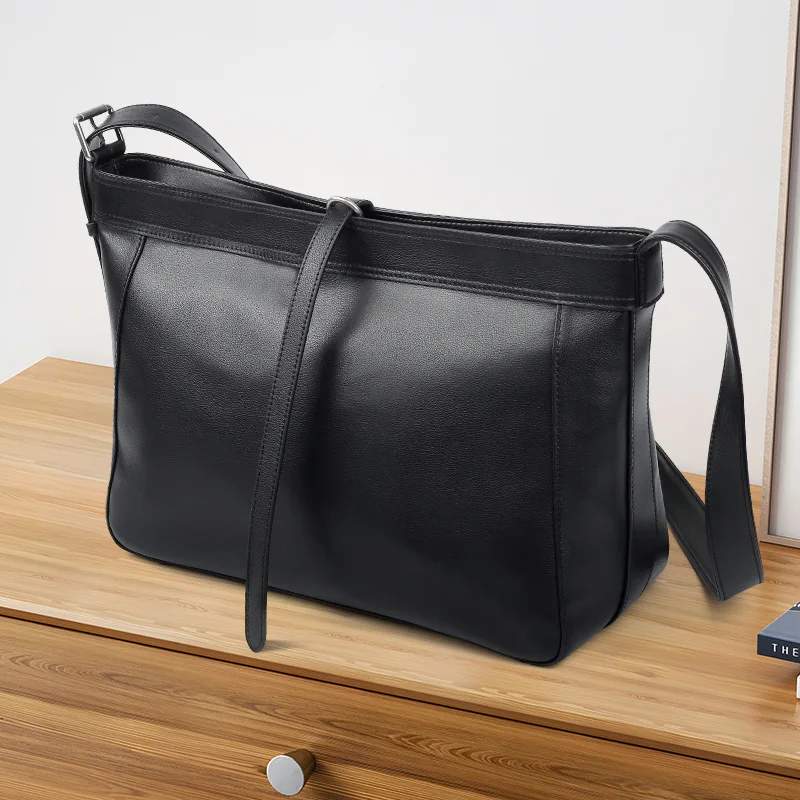 New Cowhide Leather Men's Crossbody Bag Minimalist Business Shoulder Messenger Bag Large Capacity Commuter Purse for Travel Work