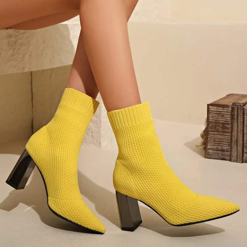 Women High Heels Ankle Sock Boots Knitting Pointed Toe Shoes Chelsea Pumps Boots 2024 Winter New Designer Chunky Zapatos Mujeres