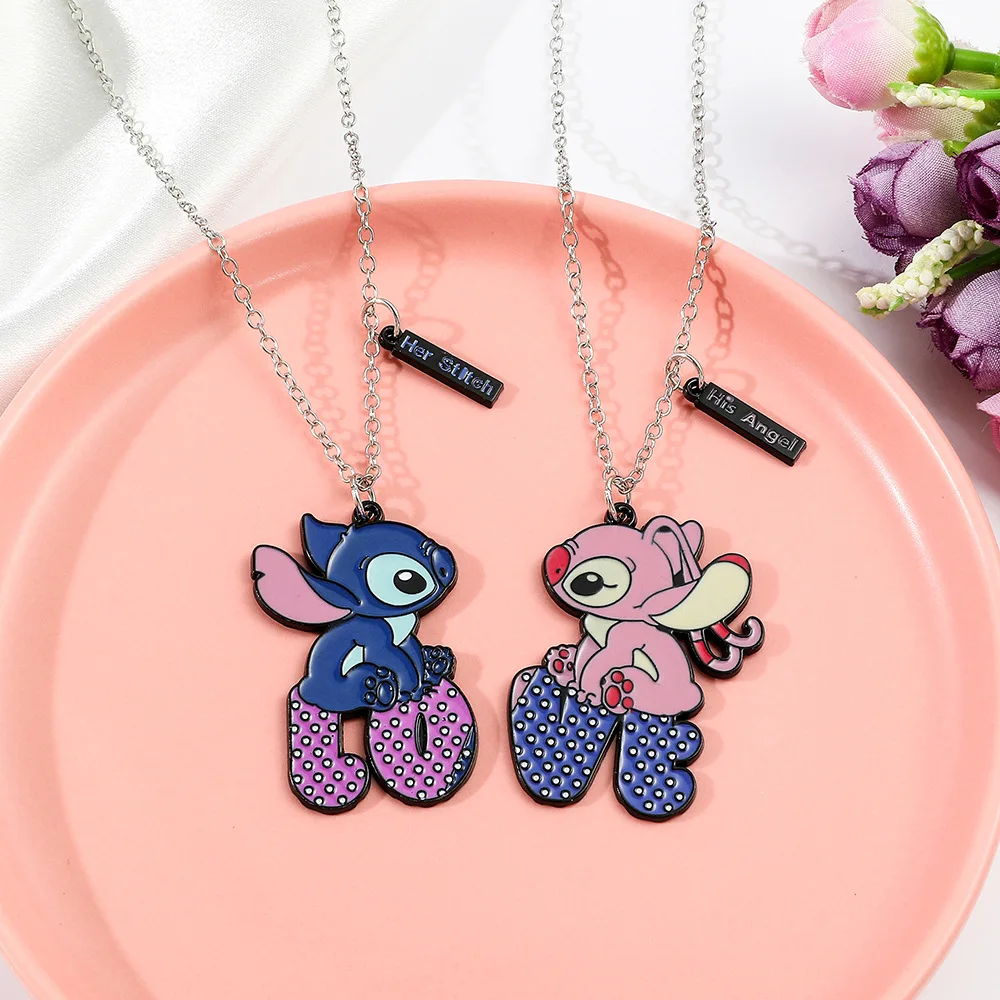 

New Disney Stitch Couple Pendant Necklace Anime Angel & Stitch Love Cartoon Pendant Splicing Necklace Valentine's Day Gift