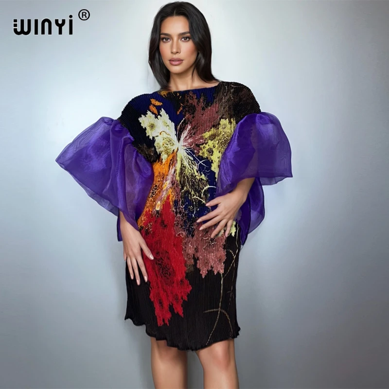

WINYI летнее плиссированное платье с объемными рукавами, пляжное прикрытие, кафтан, абайя, Дубай, роскошное вечернее платье, свободное вечернее платье, короткий кафтан