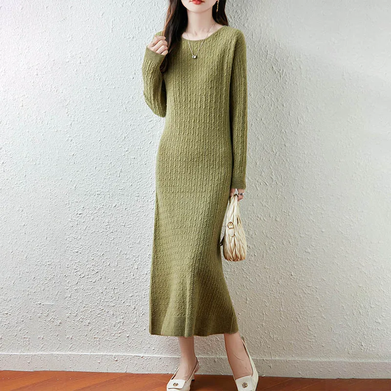 

Fall/Winter 2025 Long 100% Pure Wool Knitted Dress Women's Round Neck Twisted Thickened Cashmere Sweater Skirt
