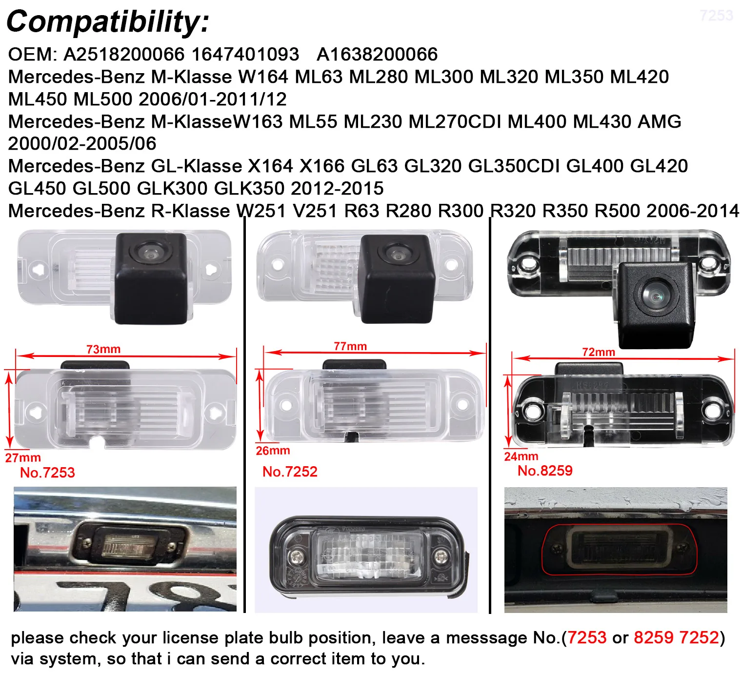 Car Reverse Backup camera For Mercedes-Benz M-KlasseW1 63 ML 55 ML 230 ML270CDI ML400 ML430 AMG OEM 1647401093  A1638200066