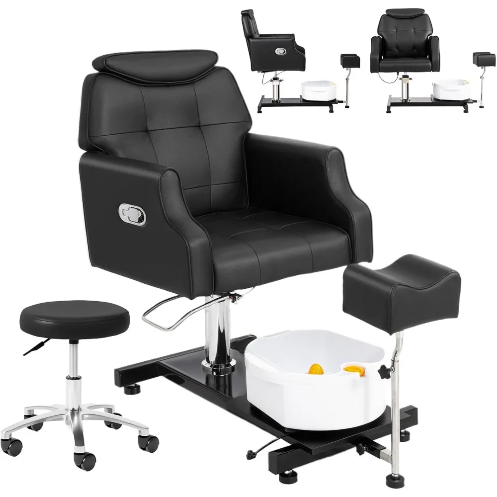 Foot care chair with stool and bubble massage foot bath, 360 ° rotating hydraulic adjustable seat, foot nail station